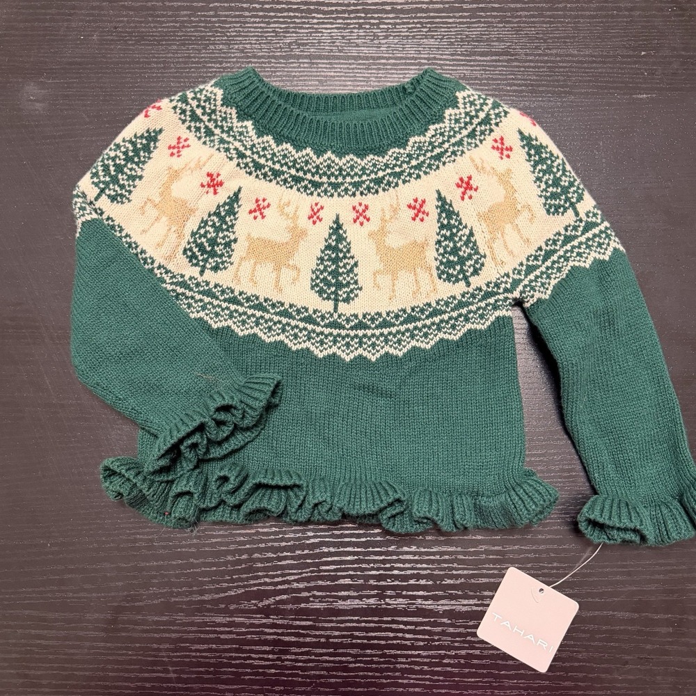 Tahari Infant Reindeer Tree Ruffle‎ Holiday Sweater Size 12 Months Red Green